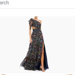 Mac Duggar Tied One Shoulder Cut-out Flowy Gown Butterfly Floral Print